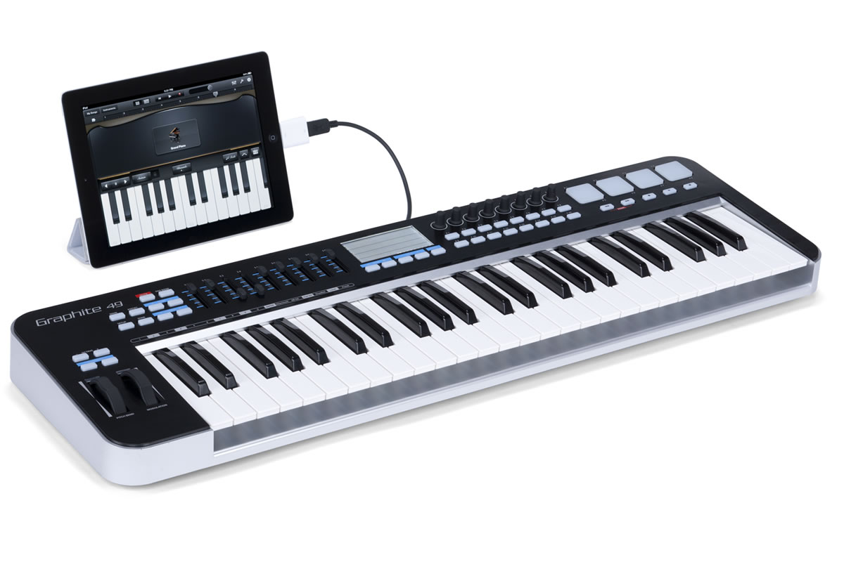 Samson Graphite 49 semi-weighted key MIDI Controller - perspective view with ipad