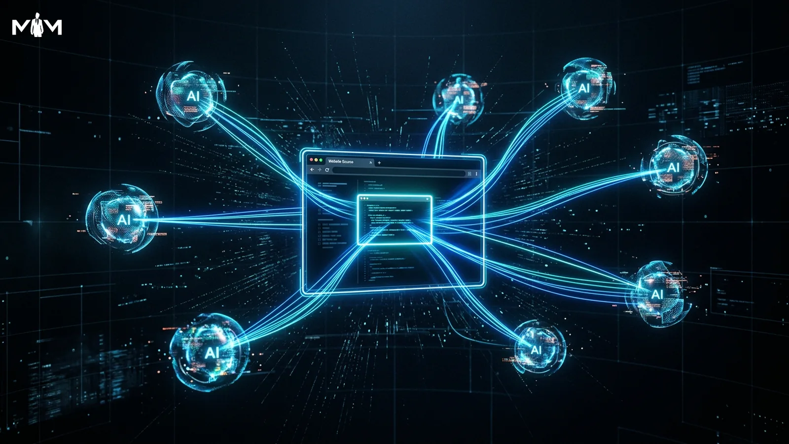 A dark cinematic futuristic image showing a glowing network of connected ai assistants floating