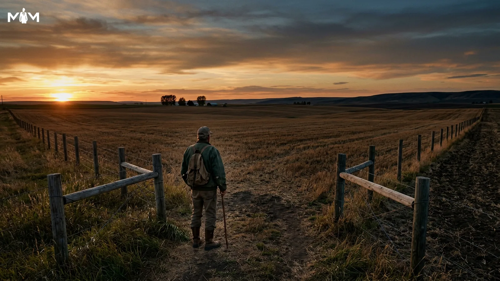Farmer standing at the edge of a wide open field at dusk boundary fence visible on both sides