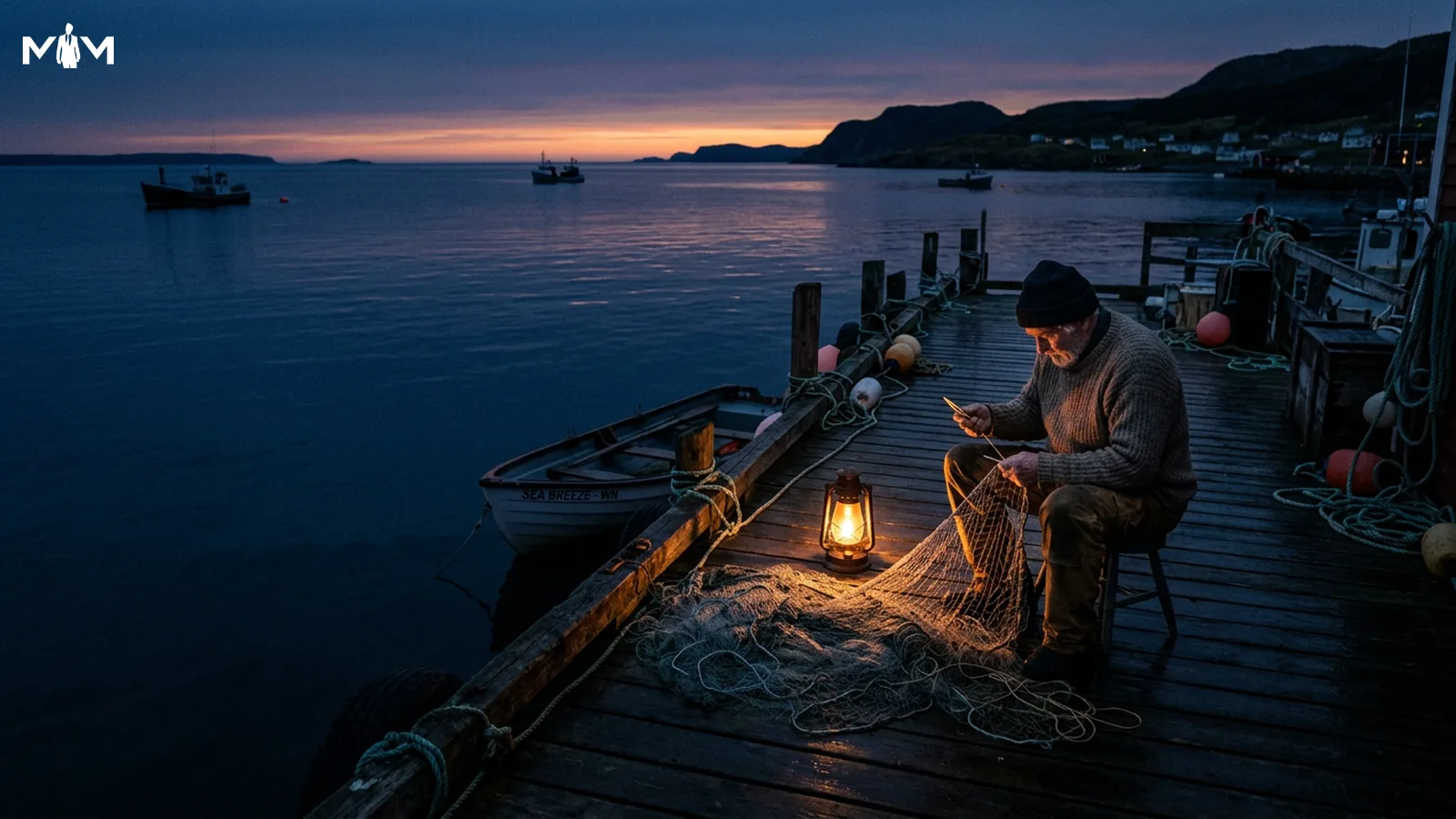 Fisherman mending a net alone on a dock before sunrise calm dark water behind them single warm