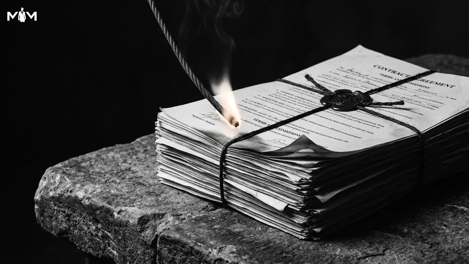 Fuse burning slowly down toward a stack of bound contracts and documents on a bare stone surface