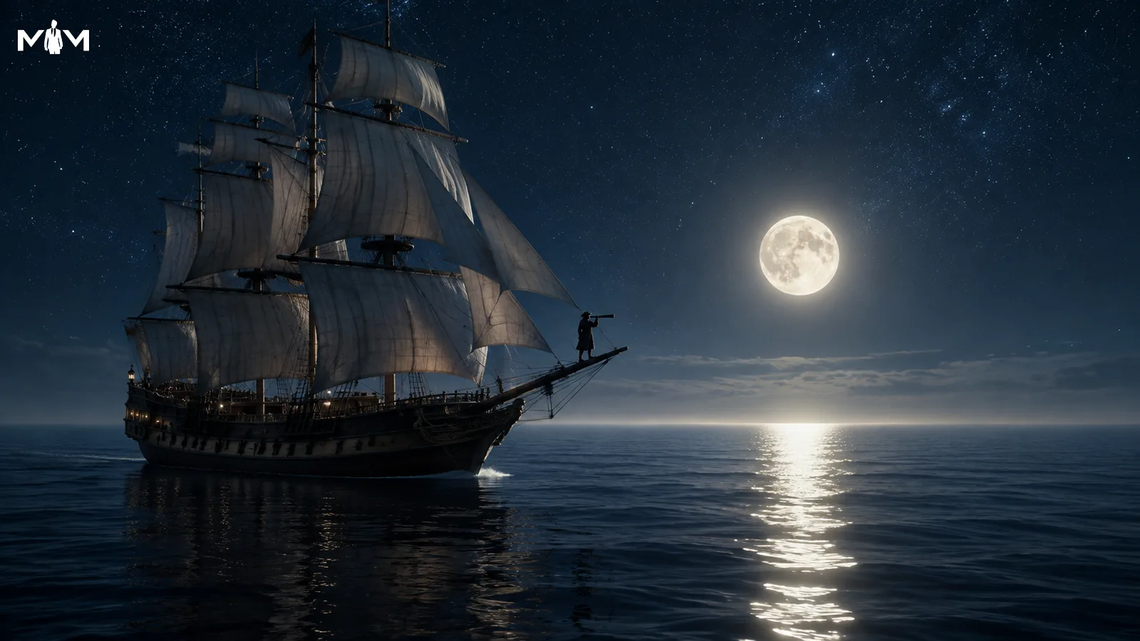 Old sailboat on the ocean at night full moon and there's a man on the bow with a handheld telescope.