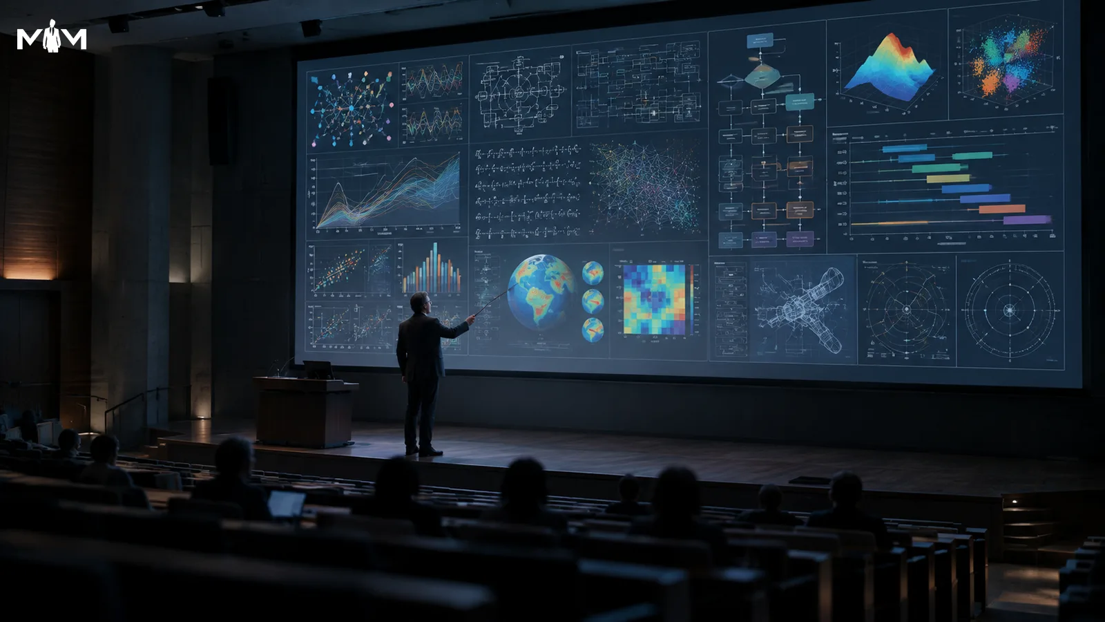 Professor standing on stage pointing a wand at charts and graphs on an oversized screen on the wall