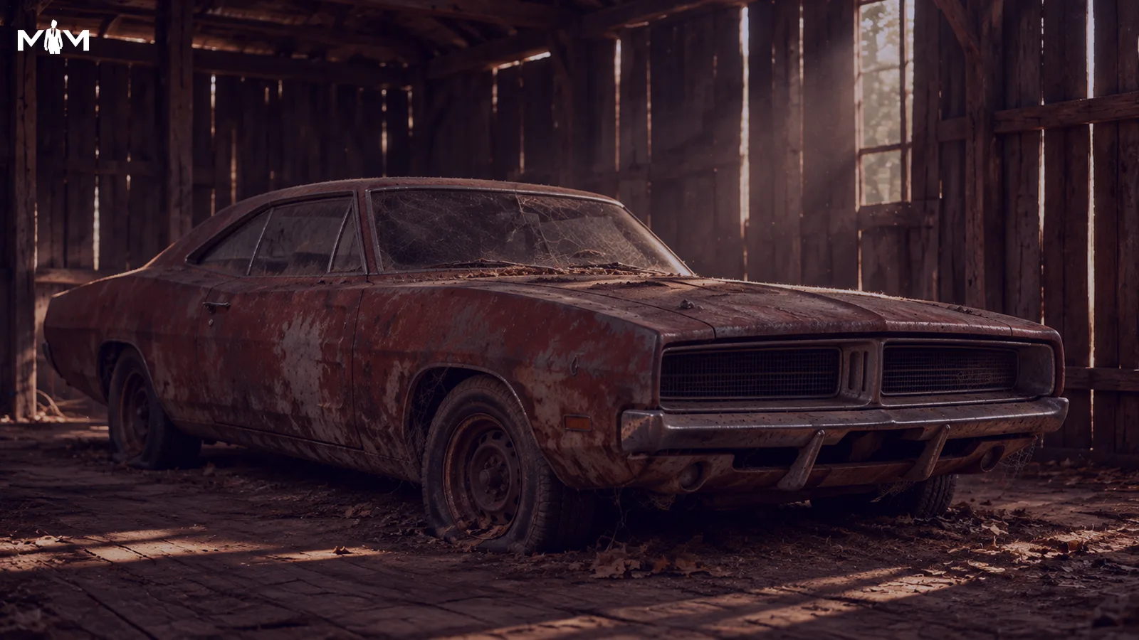 Old muscle car rusted out sitting in a barn