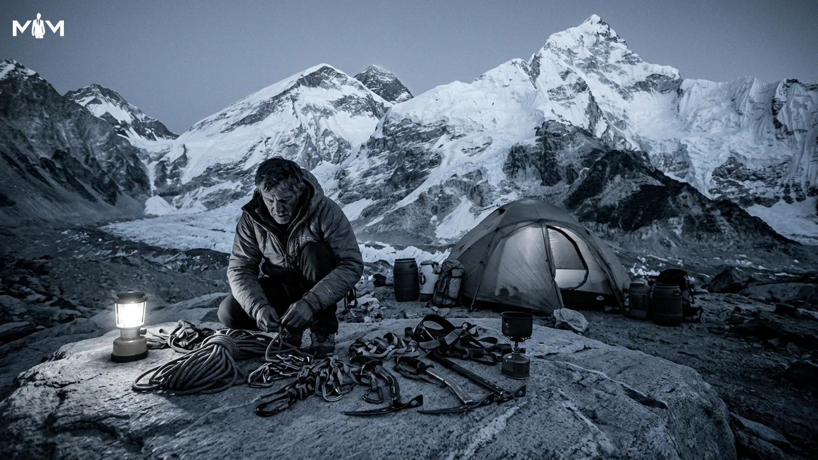 Mountaineer alone at a high altitude base camp at dusk checking gear laid out on a flat rock ice