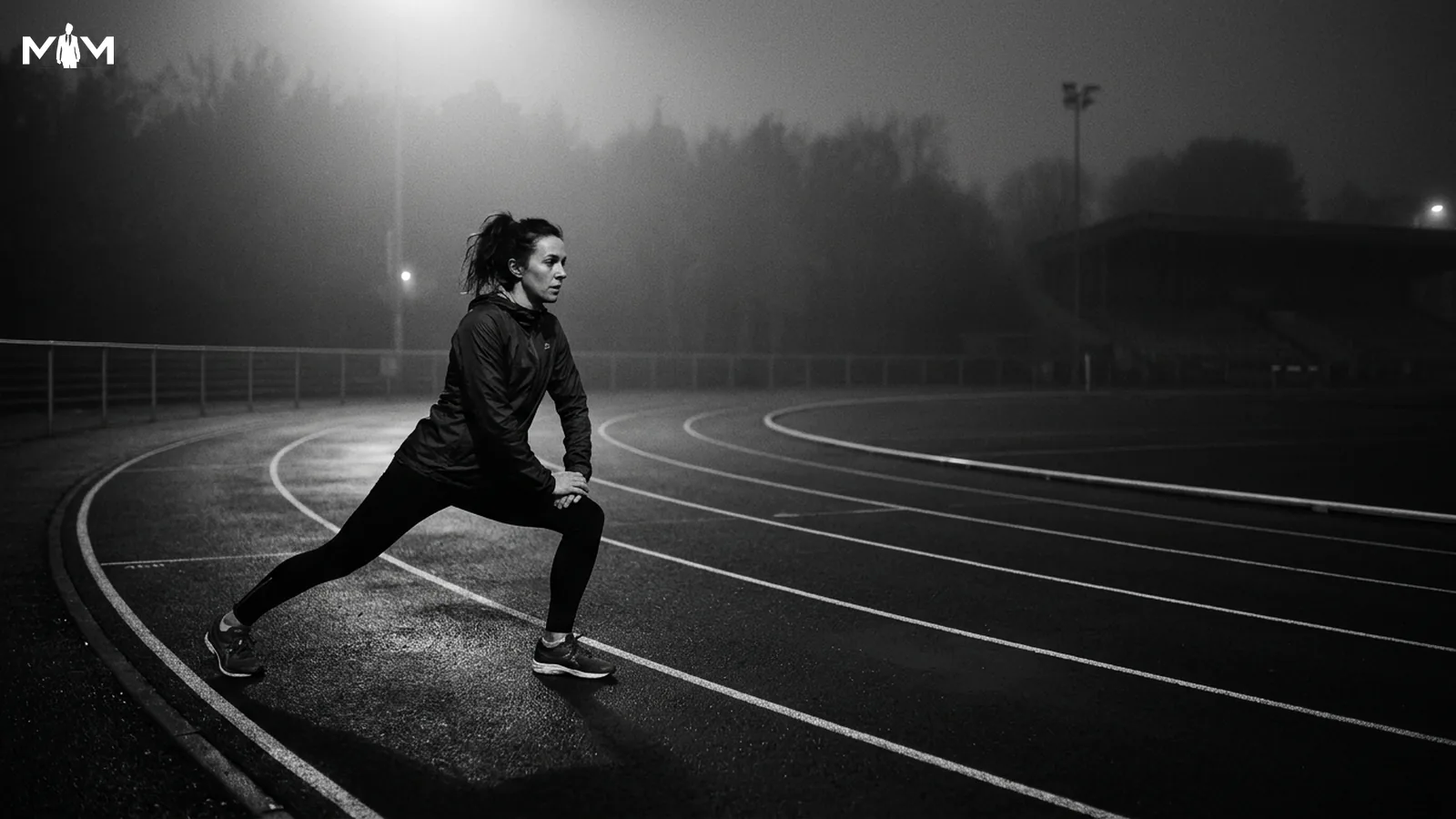 Runner stretching alone on a track before dawn no one else visible mist in the background low